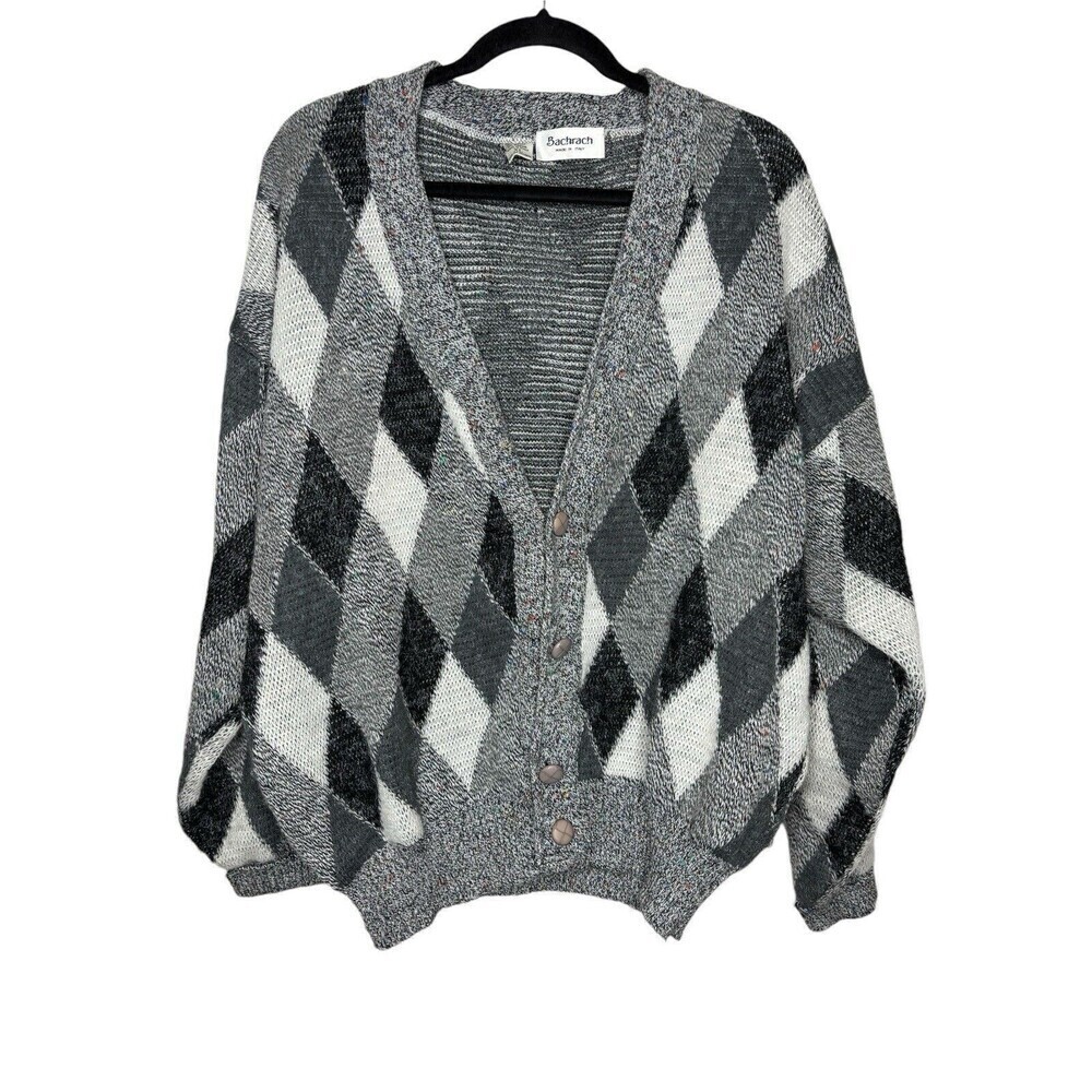 VTG Bachrach Men's Cardigan Button Sweater Black White Wool Coogi Knit Sz XL